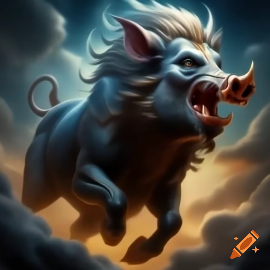 Divine boar Varaha leaping into the sky with raised tail and flowing hair
