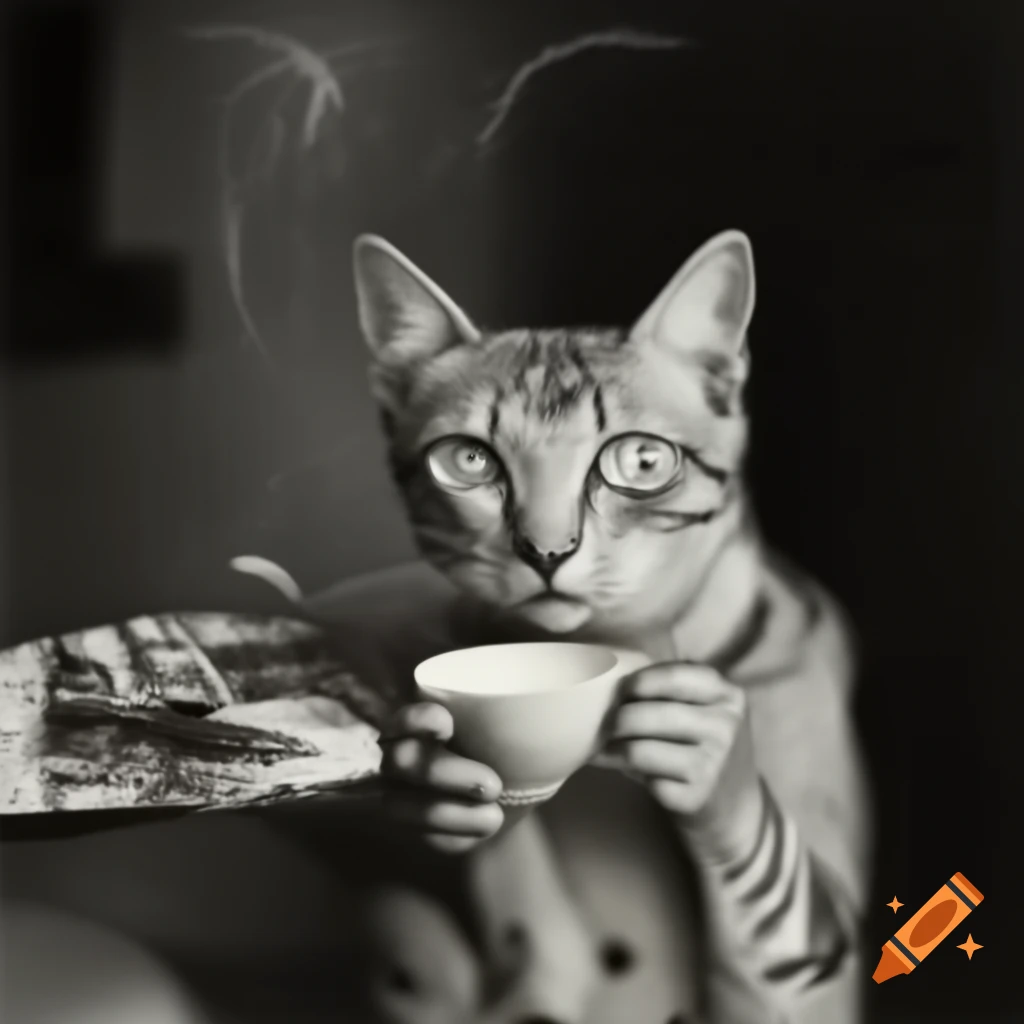 Kitten drinking coffee and rolling a cigarette in Klimt and Chagall style