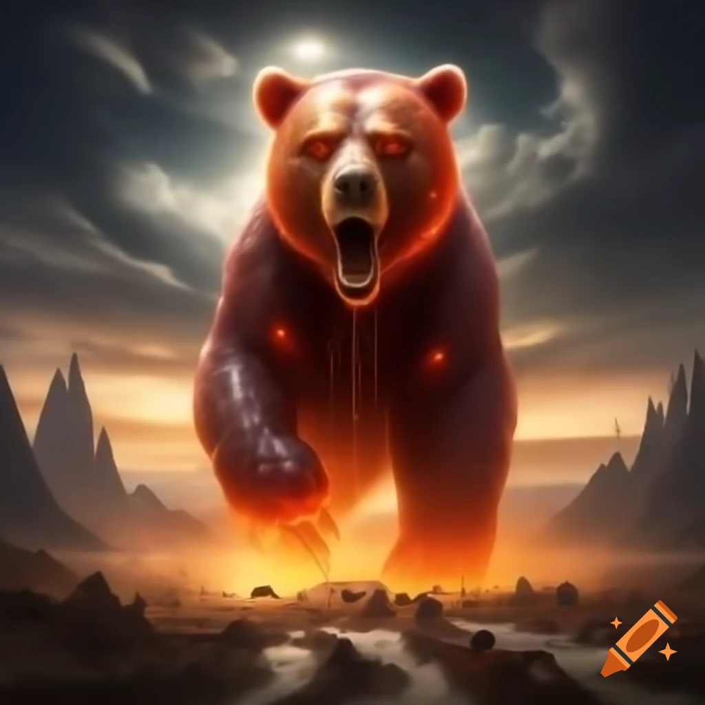 Surreal scene of expanding colossal Gummy Bear in apocalyptic setting