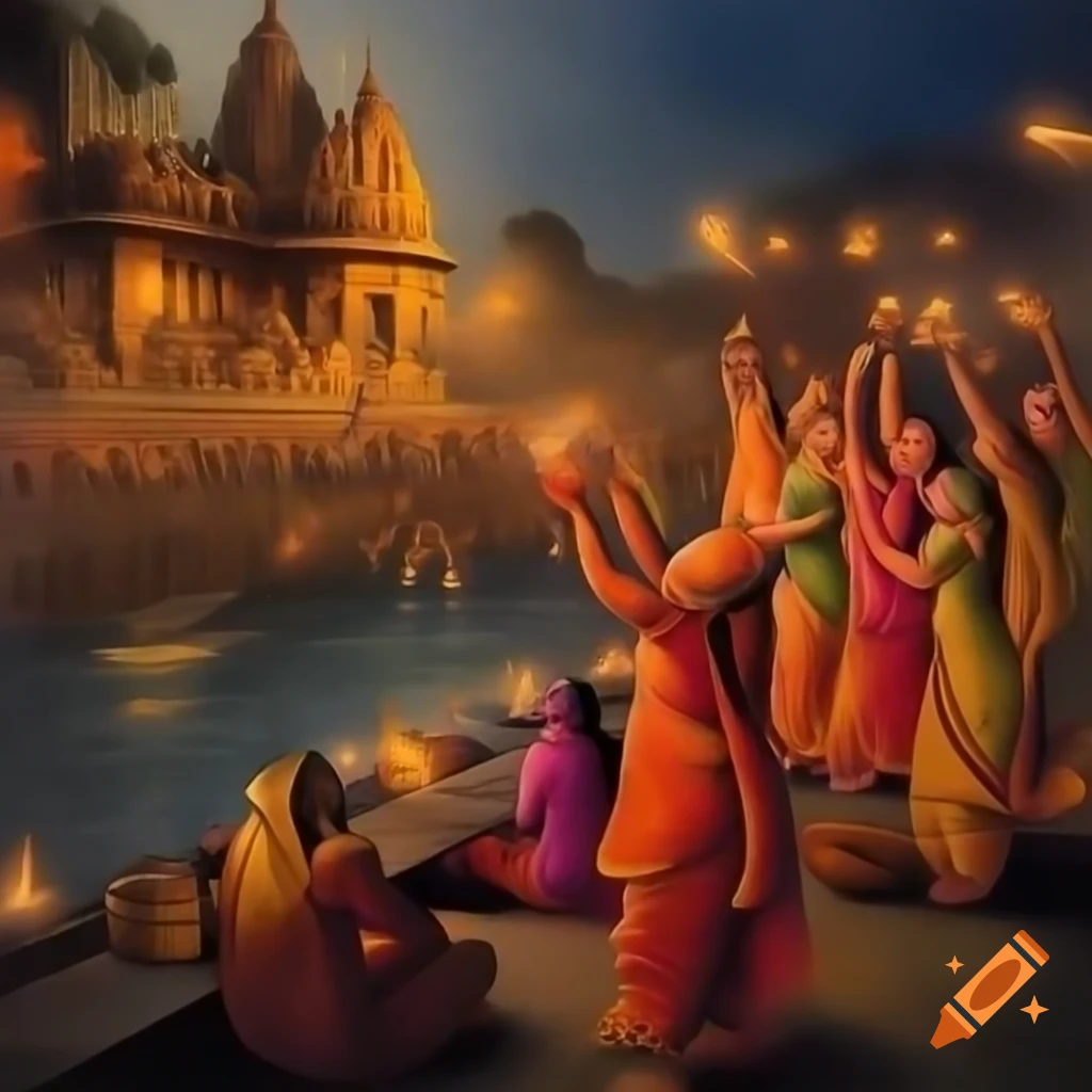 Vibrant painting of Hindu culture during Ganga Aarti on Varanasi ghats