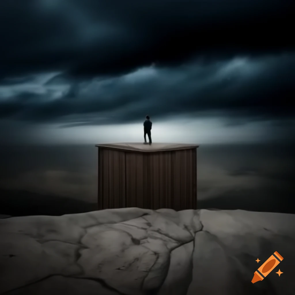 Person standing at cliff edge under dark storm clouds, symbolizing guilt and uncertainty