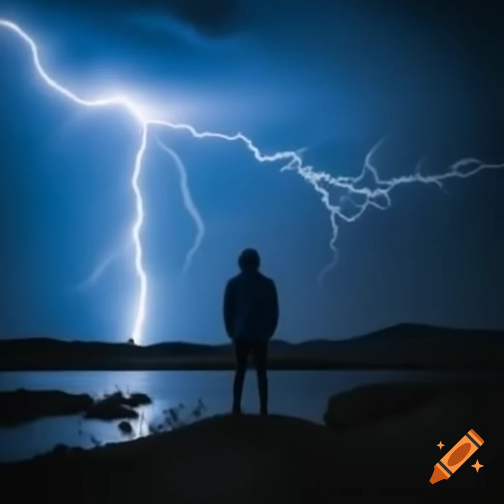 Mystical figure surrounded by blue lightning at night