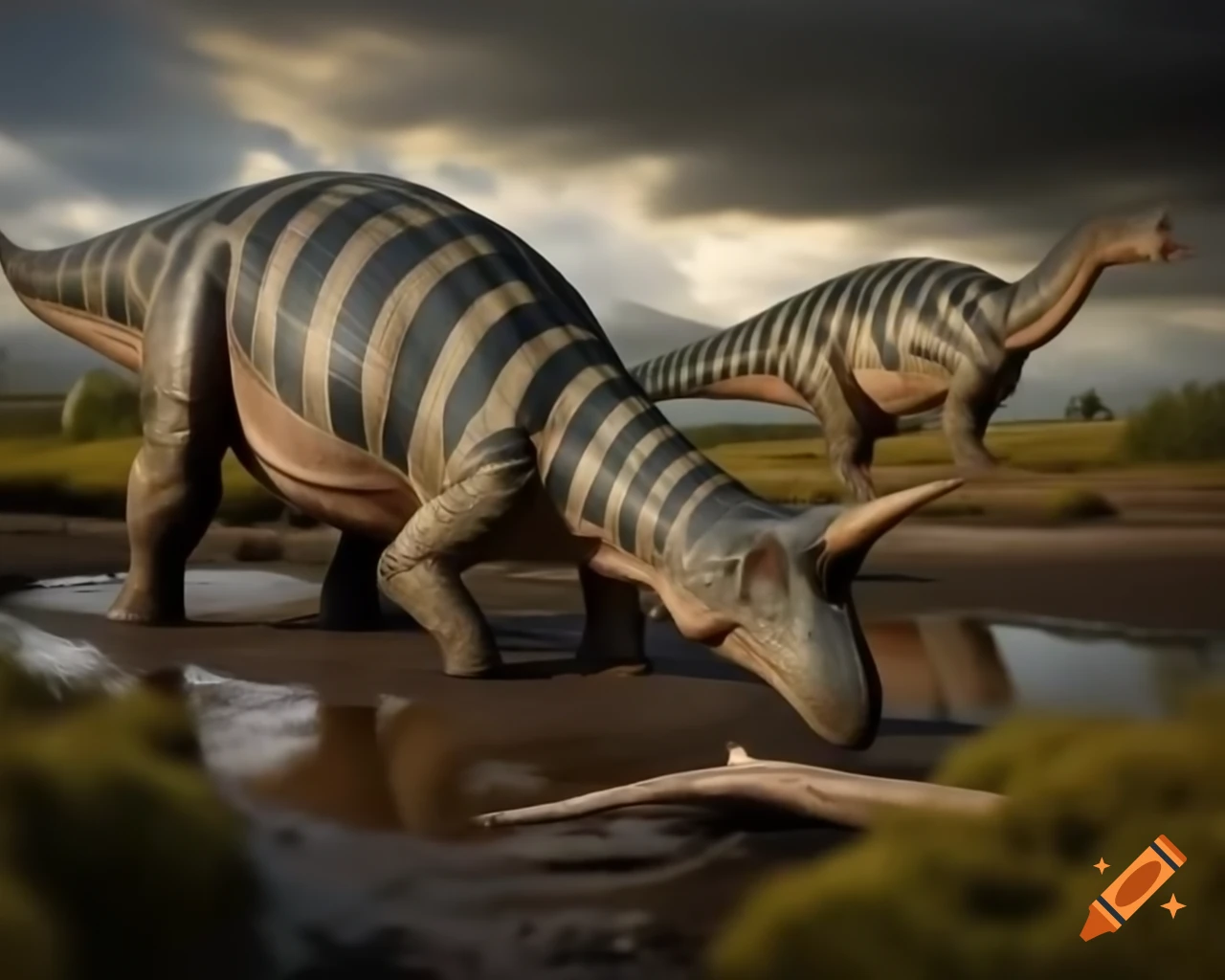 Striped Hadrosaurus group near stream in mudflat with ferns and driftwood