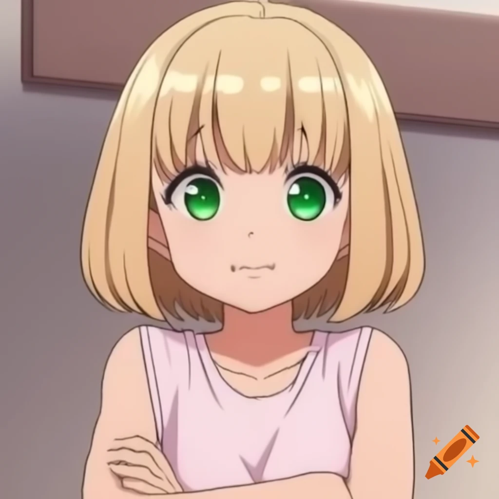 Anime girl with blonde hair and dark green eyes in light pink t-shirt