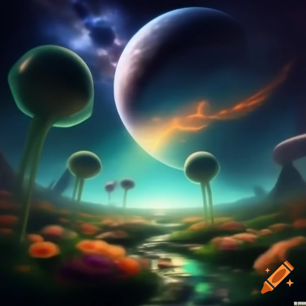 Distant planet in Andromeda Galaxy with alien flora and fauna, ink impressionist style