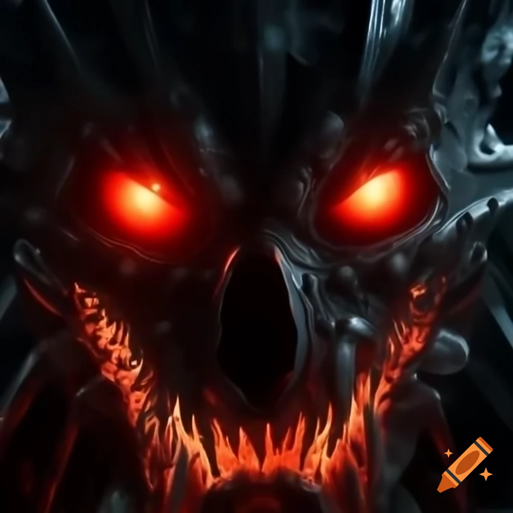Apocalyptic scene with mechanical elements, red embers, and jagged design