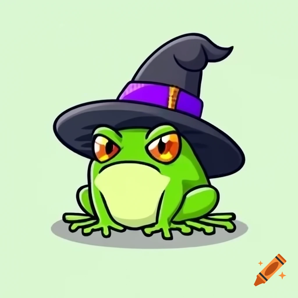 Angry frog wearing a witch hat