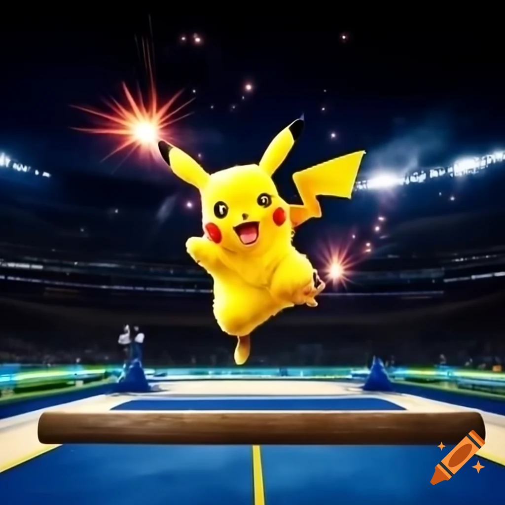 Pikachu performing a backflip with sparklers during gymnastics