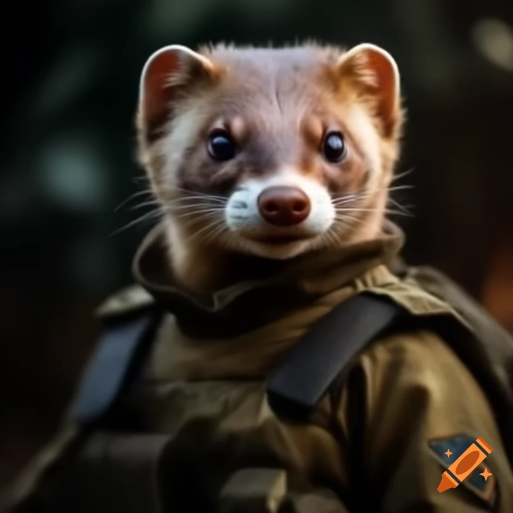 European weasel wearing tactical military uniform