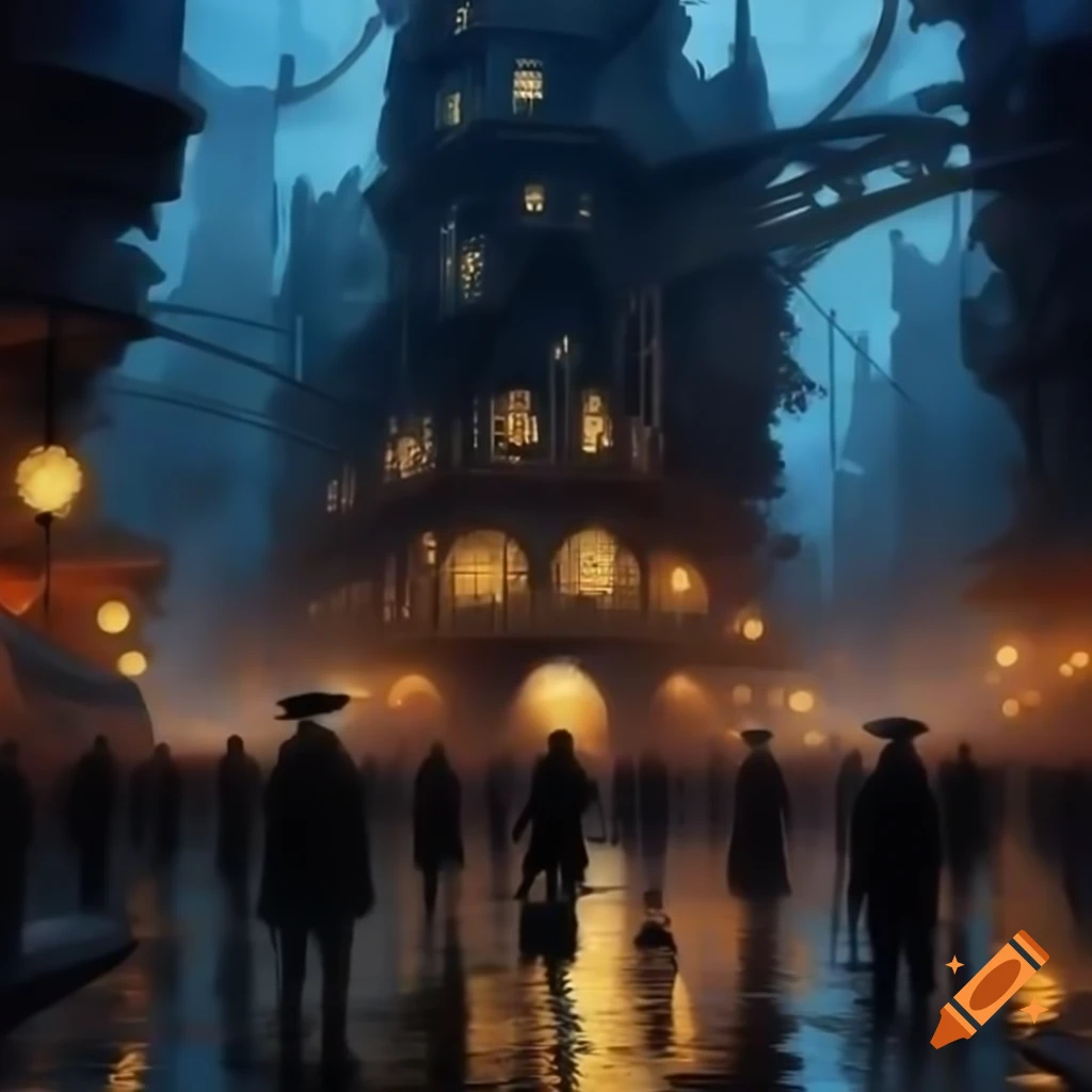 Bustling steampunk metropolis at twilight with brass clockwork and Victorian architecture