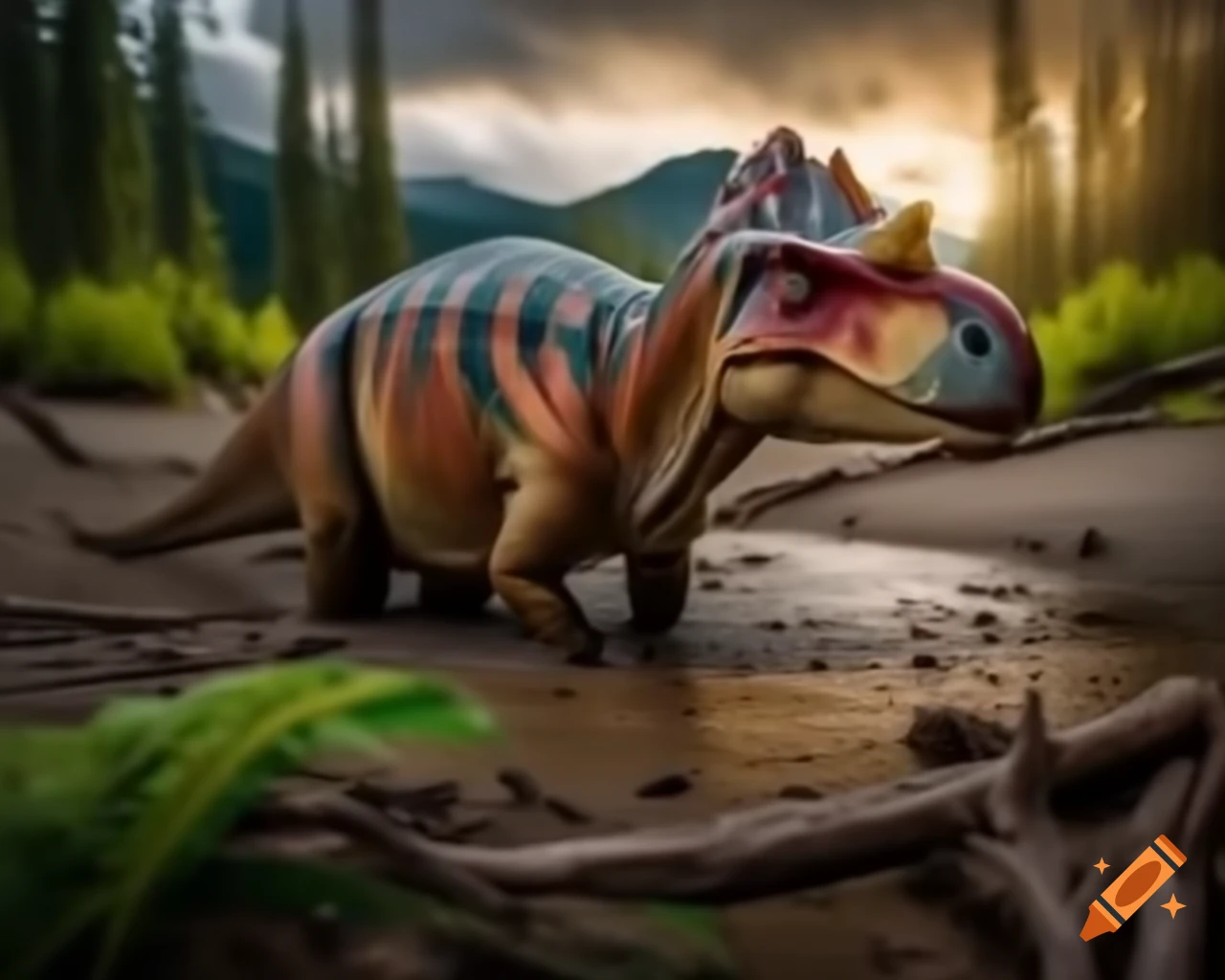 Striped Hadrosaurus walking by stream in mudflat with ferns and driftwood in British Columbia