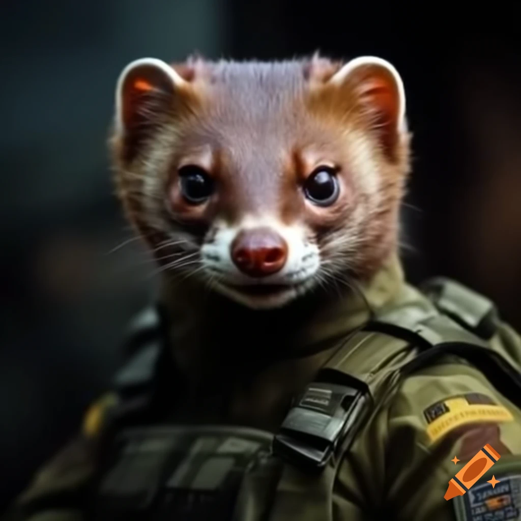 European weasel wearing Ukrainian tactical military uniform with an angry expression