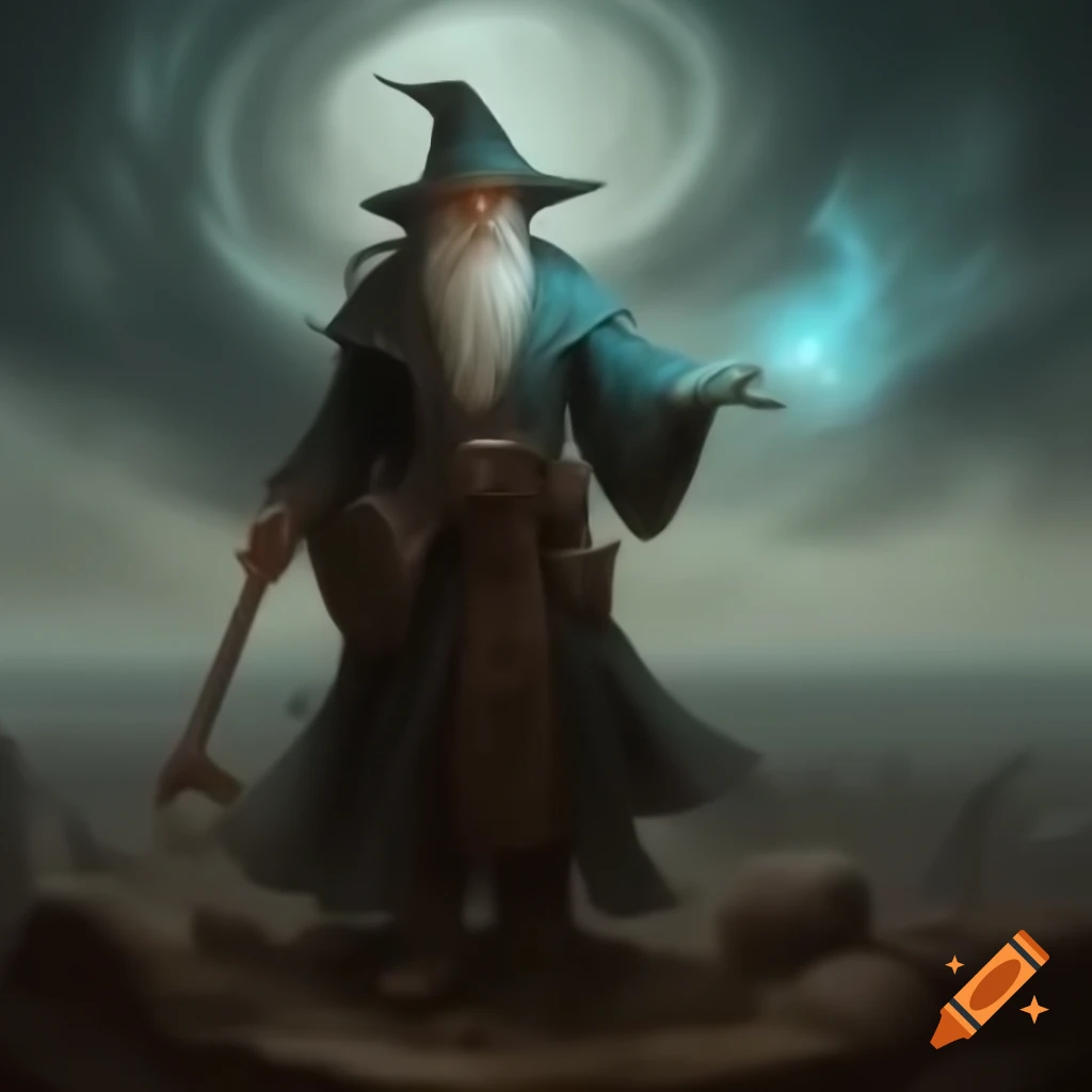 Old wizard casting spell across vast plain in realistic fantasy style