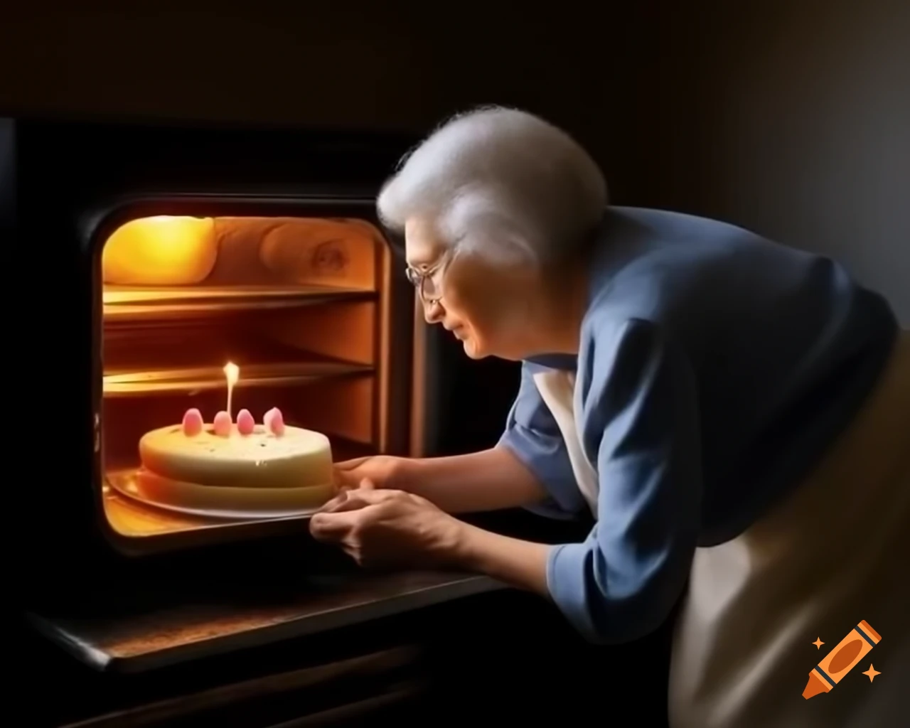 Elderly woman taking birthday cake out of oven with oven mitts, hyper realistic photography