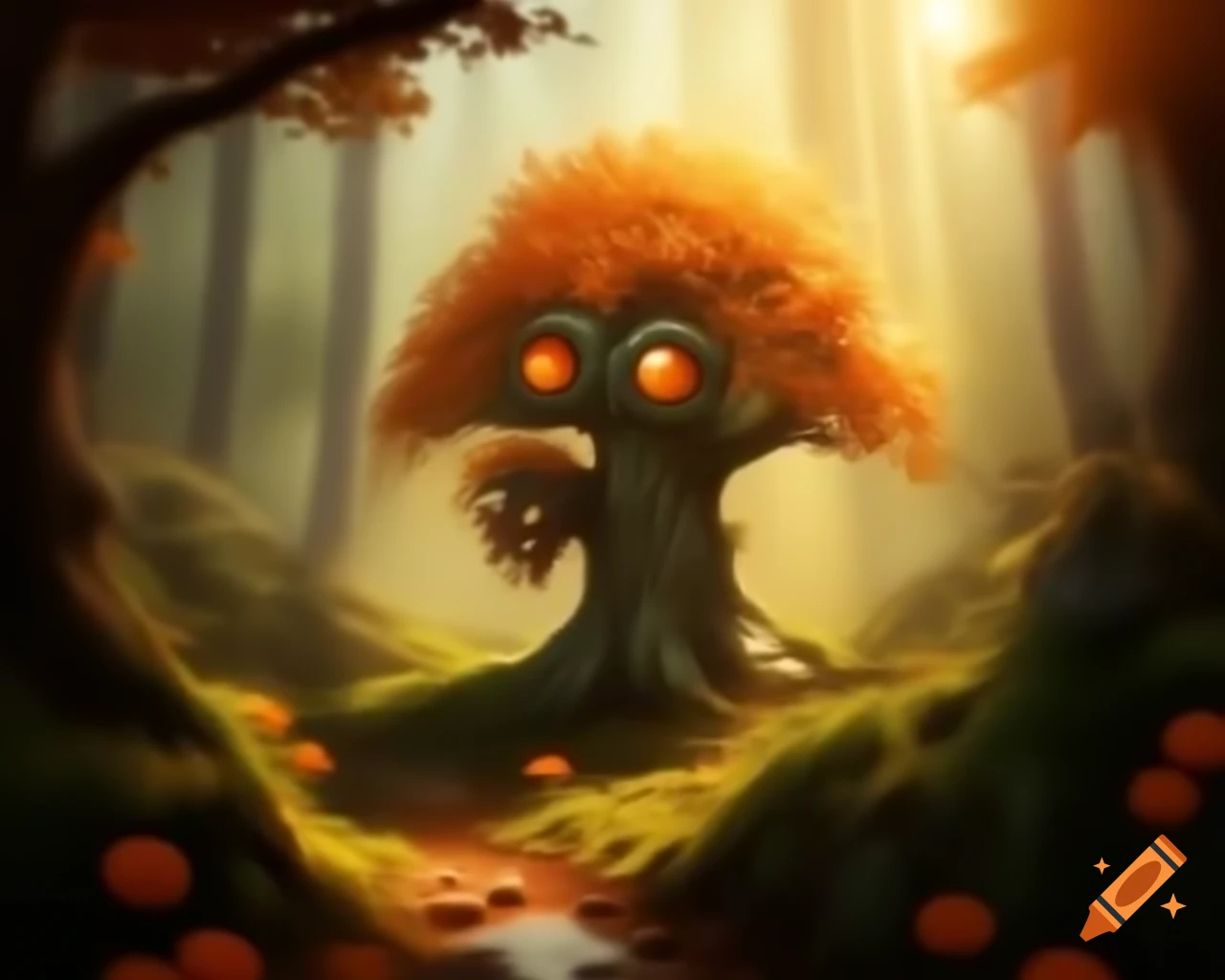 Realistic depiction of an orange tree monster in warm colors
