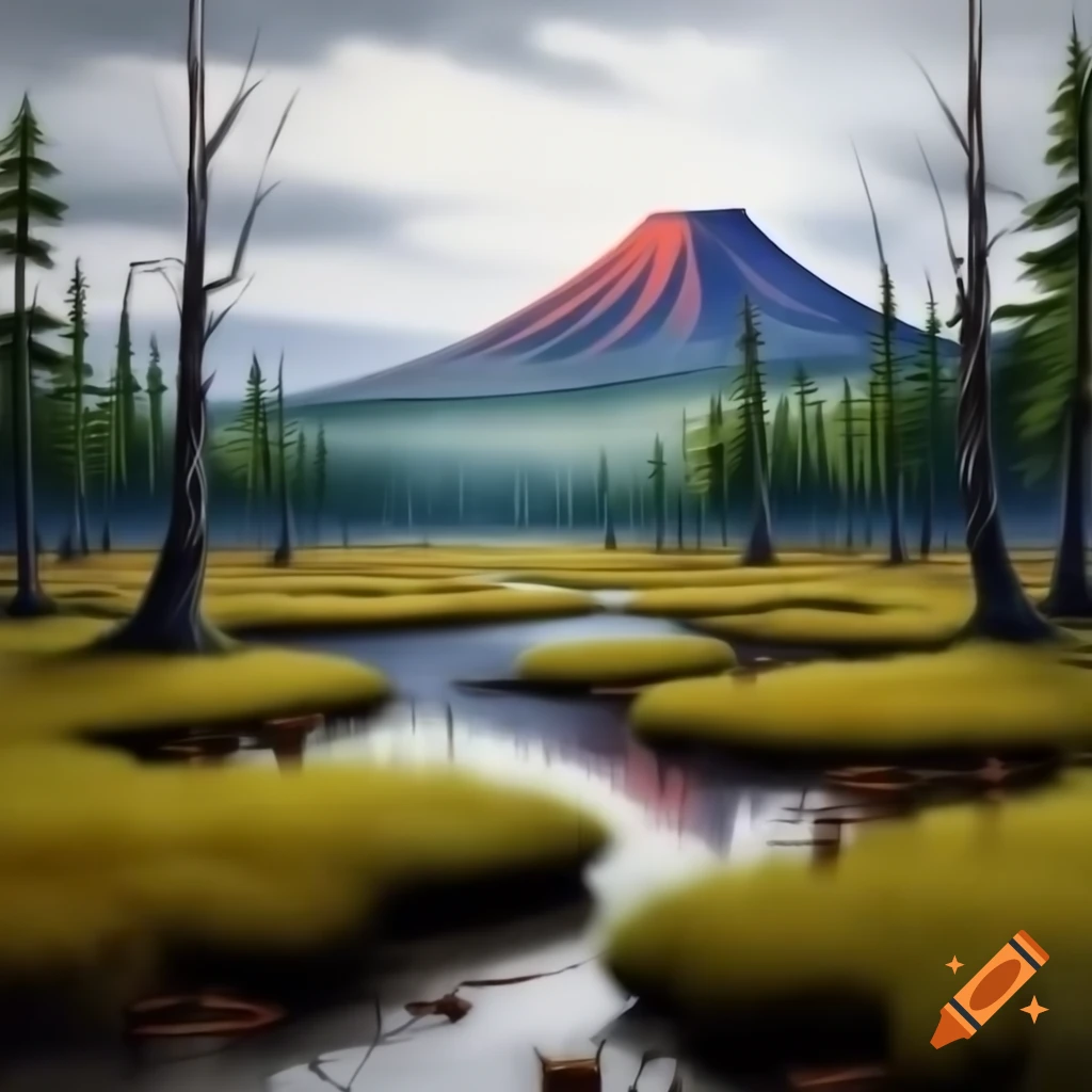 Realistic watercolor of a grassy swamp with barren trees and an active volcano in the background