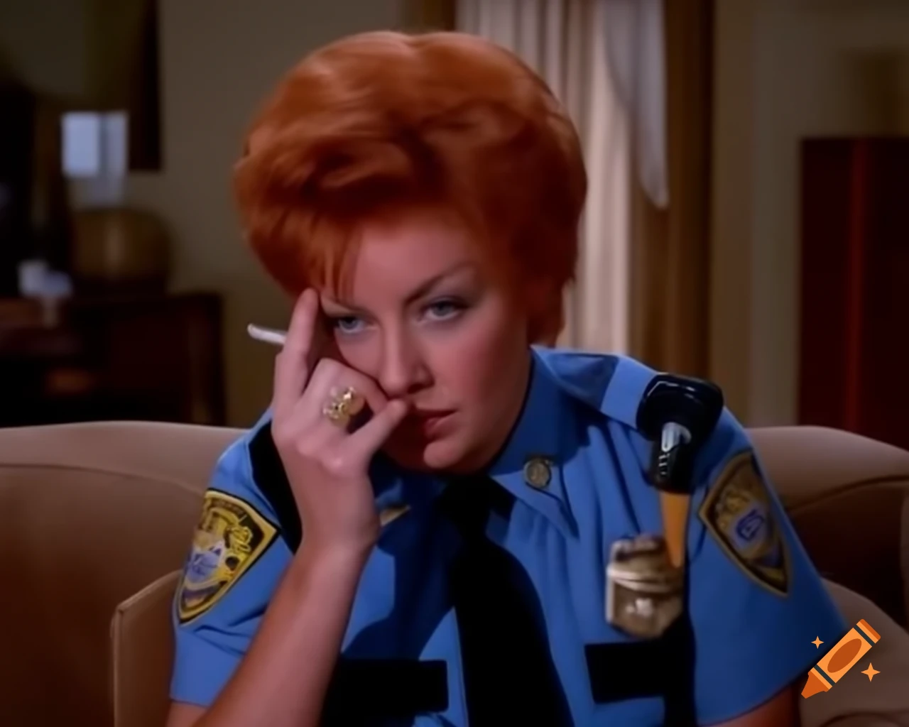 Bored policewoman with ginger hair in messy bob hairstyle at crime scene