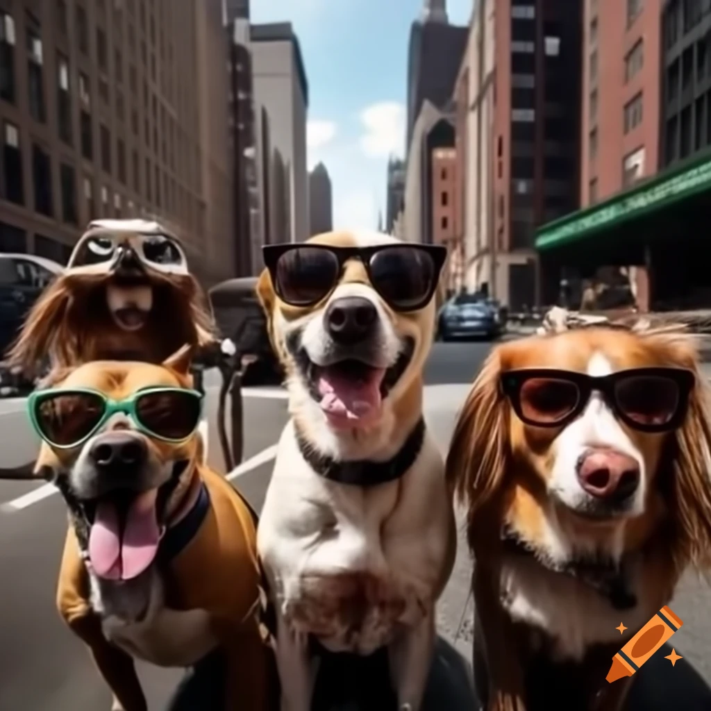 Three dogs wearing sunglasses in New York City