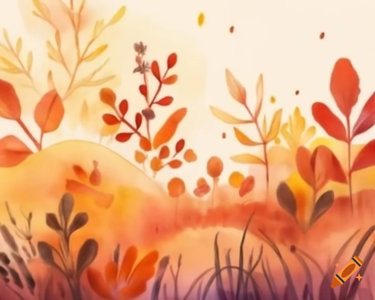 Watercolor autumn vegetation in vibrant rainbow shades, storybook style