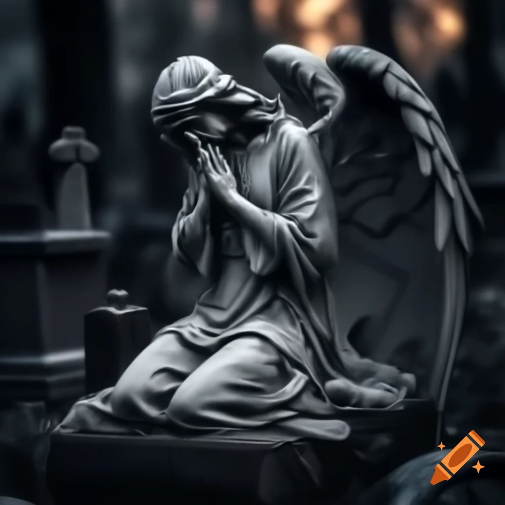 Anime-style statue of an angel lying in cemetery with realistic shadows