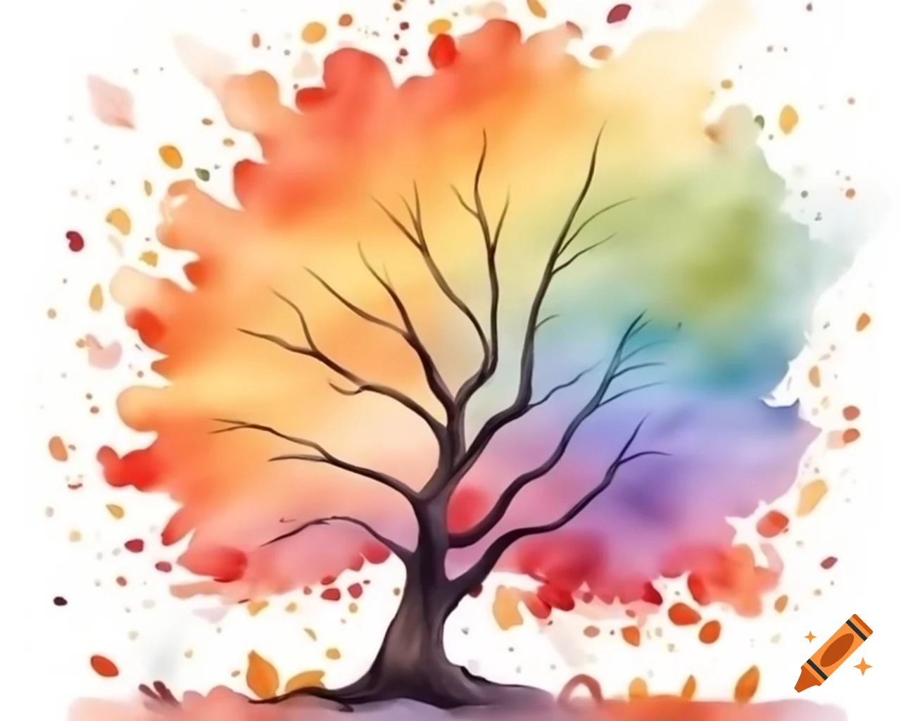 Watercolor autumn bush in fiery rainbow shades, storybook style
