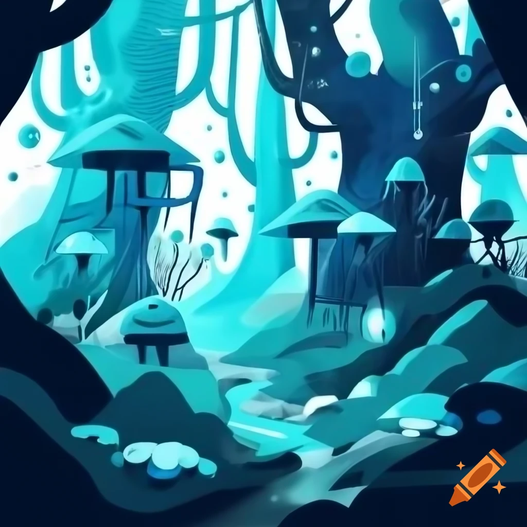 Ink illustration of enchanted forest with geometric forms and mechanical elements inspired by Constructivism
