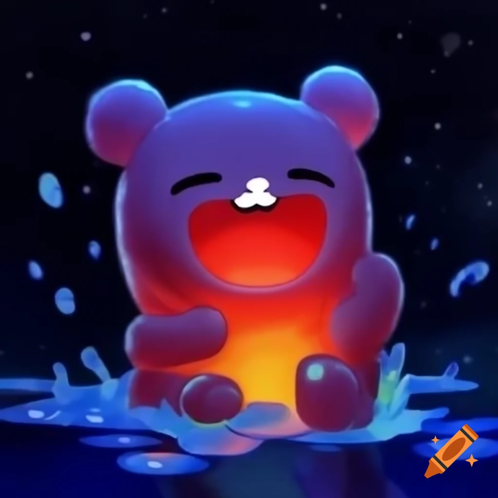 Gummy Bear singing in cosmic amphitheater with eerie atmosphere