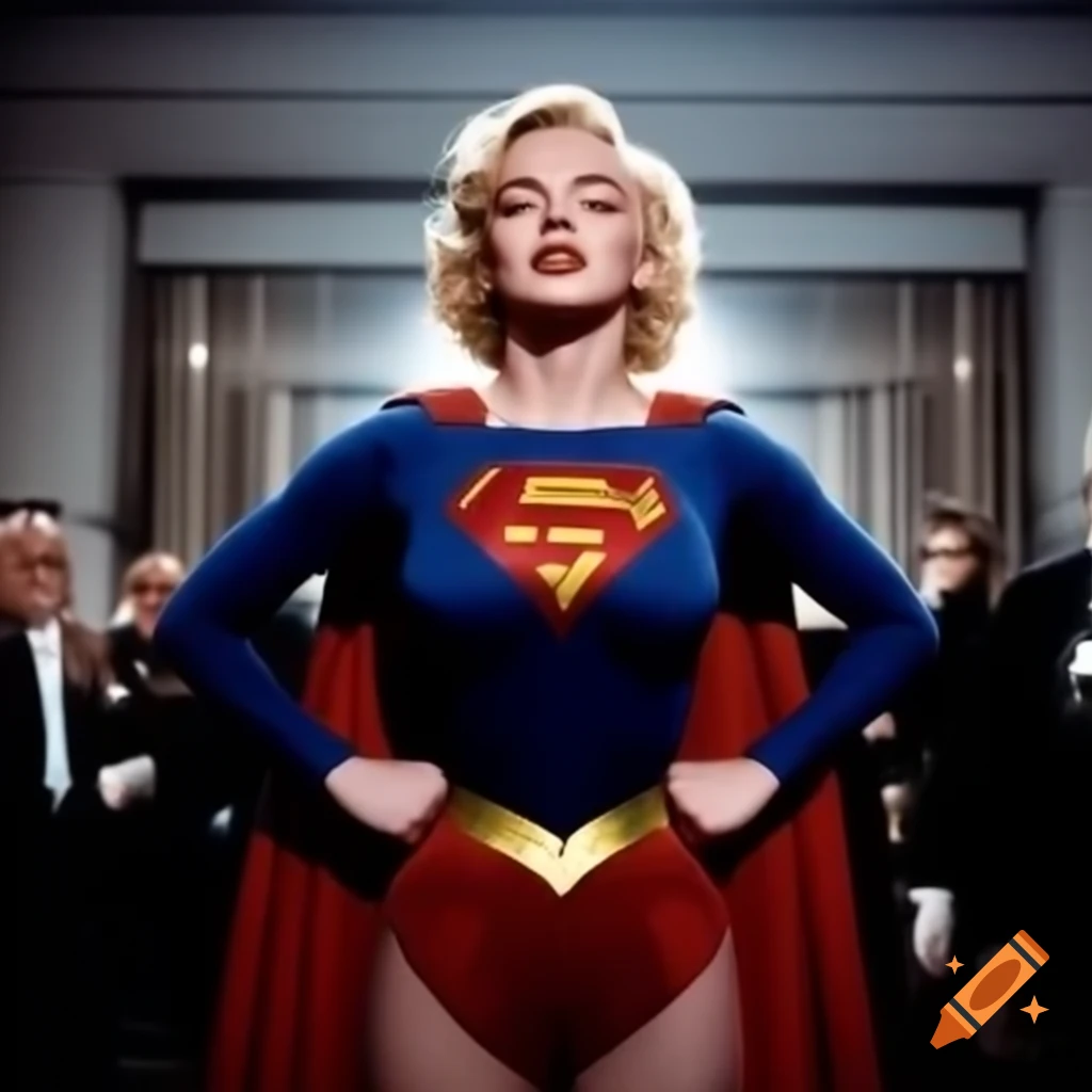 Marilyn Monroe dressed as Supergirl, striking a pose