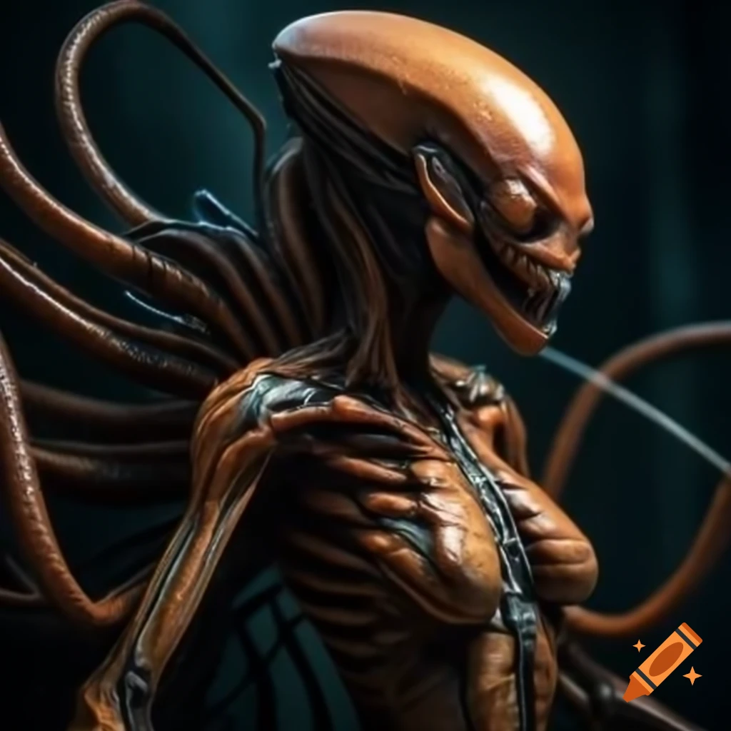 Human female xenomorph worker in deep mining spandex suit with centipede features