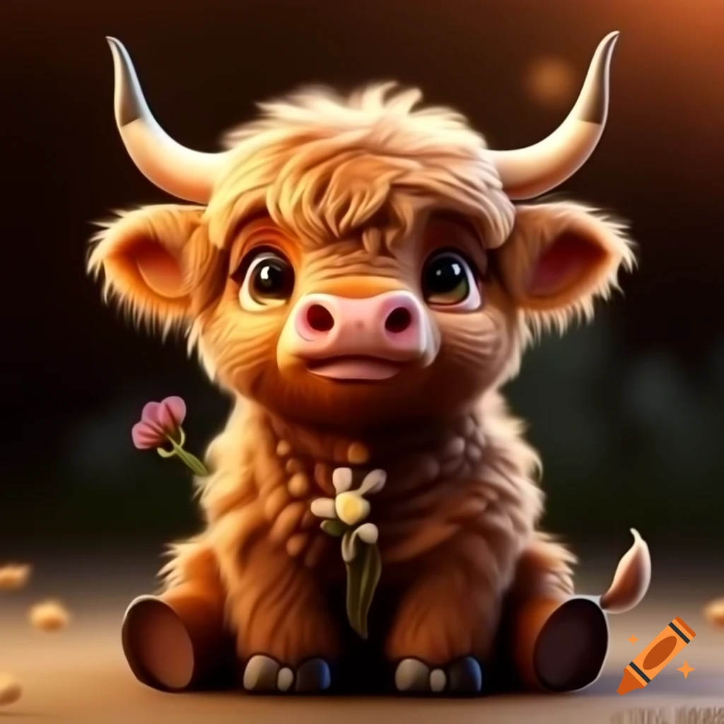 Cute baby Scottish highland cow minotaur holding a flower in nursery art style