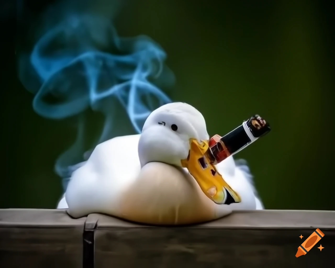 Duck with a pipe in its beak