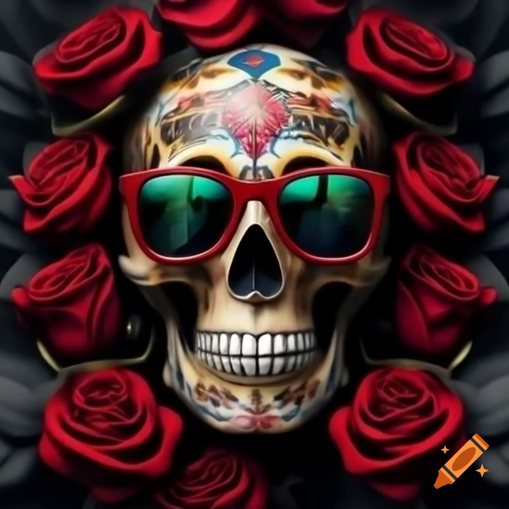 Hippie skull with glasses surrounded by roses
