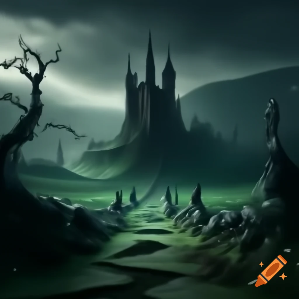 Gothic medieval landscape with crumbling castle on cliff under stormy sky