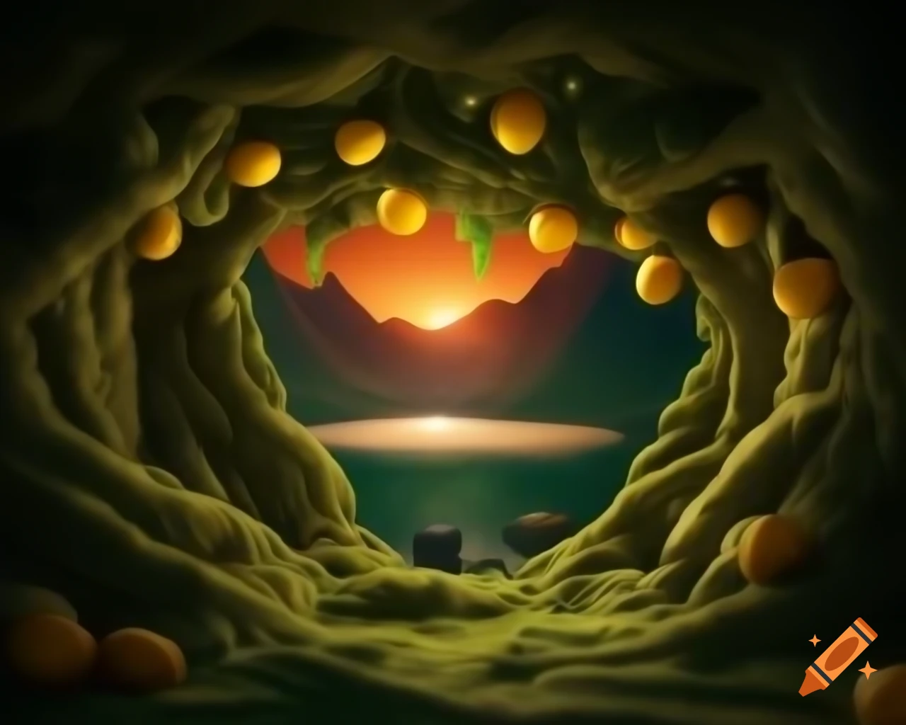 Surreal photorealistic lemon tree monster with warm hues in contemporary style