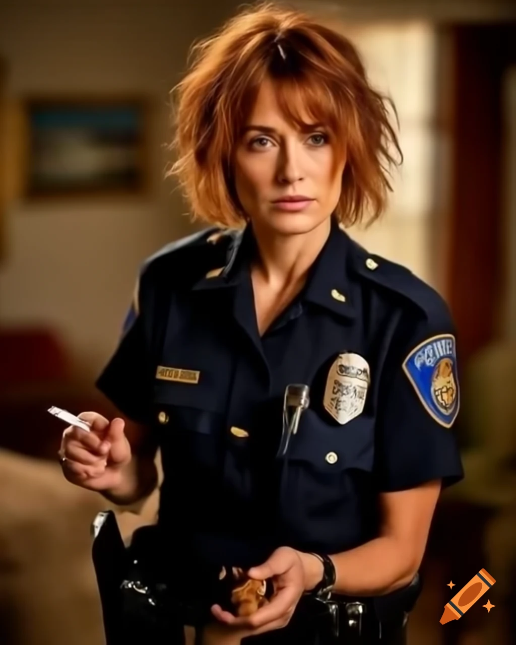French female police officer with ginger hair smoking cigarette at crime scene in dusty living room