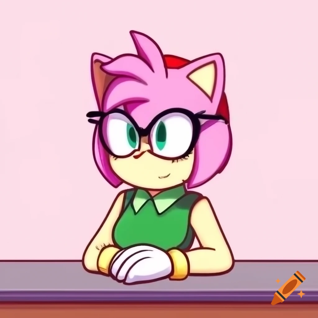 Character Amy Rose sitting at counter with glasses and green collared shirt