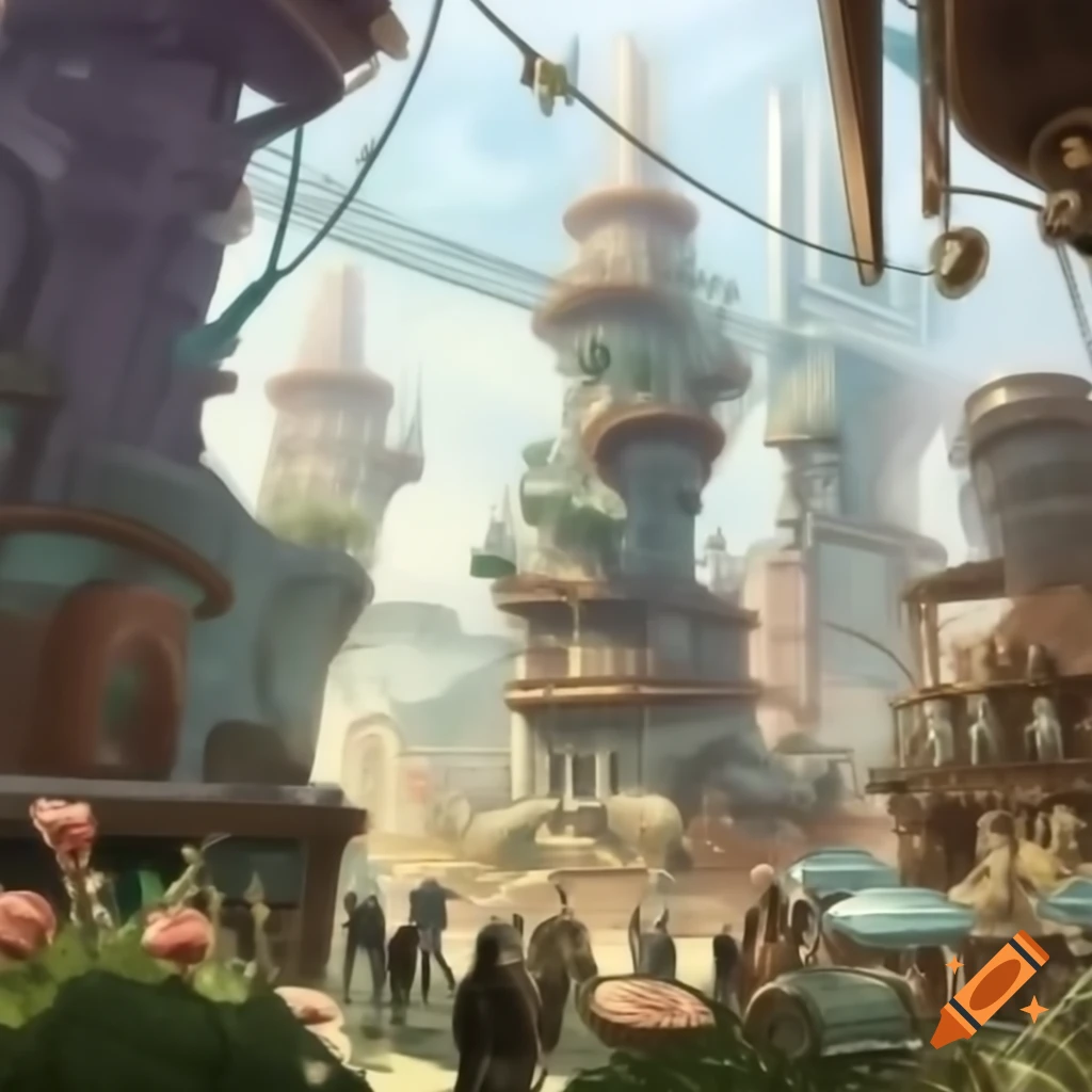 Pastel-colored steampunk cityscape with surreal brass and copper structures