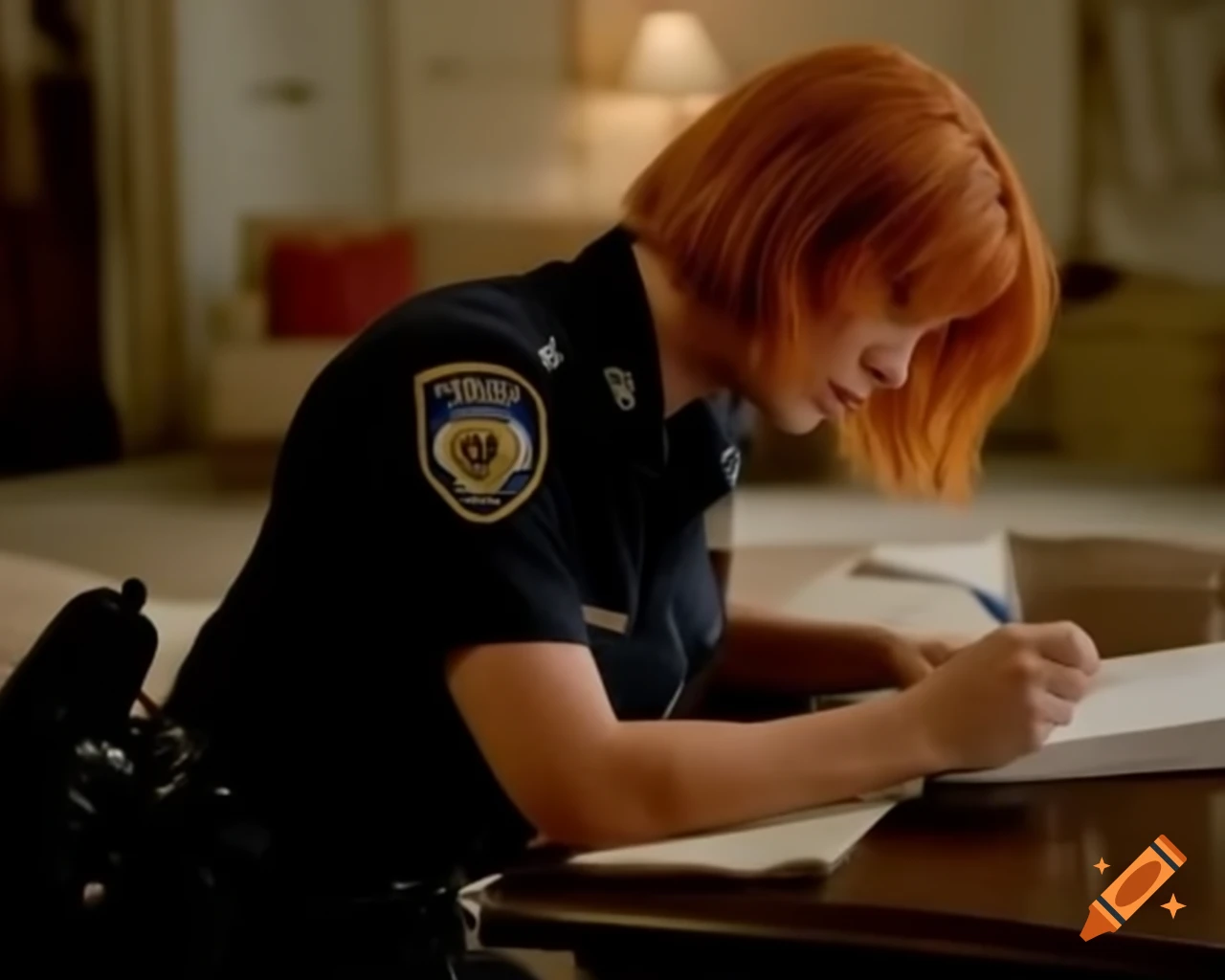 French police officer taking notes at crime scene in dusty living room, hyper-realistic detail