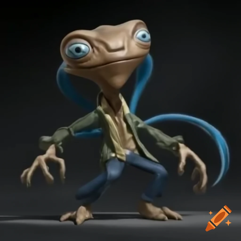 Extraterrestrial movie actor with squared face glancing at camera