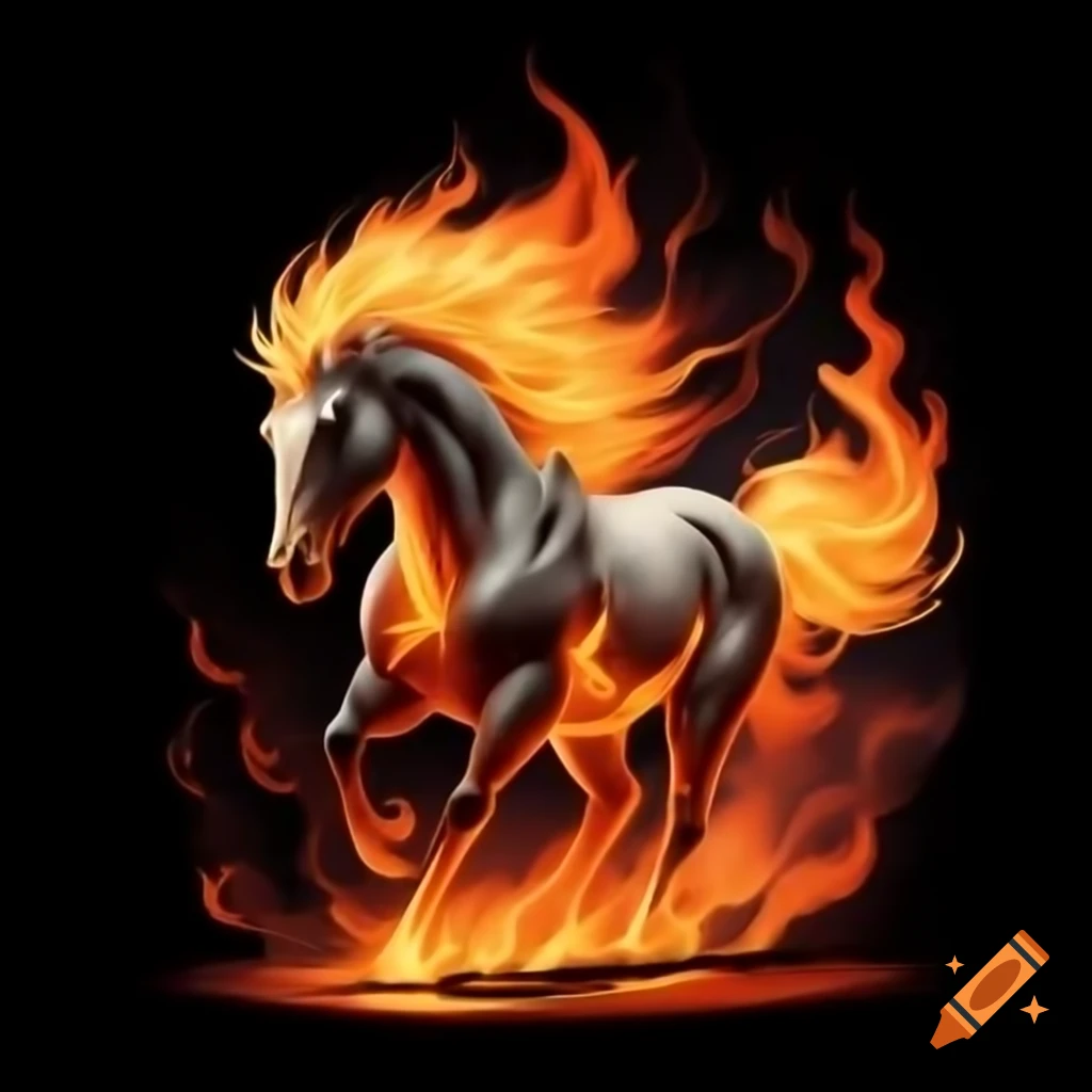 Fiery depiction of a horse, showcasing flames