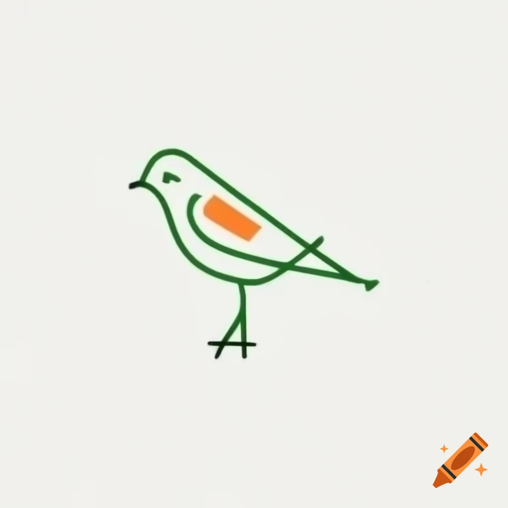 Minimalist black line drawing of a bird with orange and green accents on white background