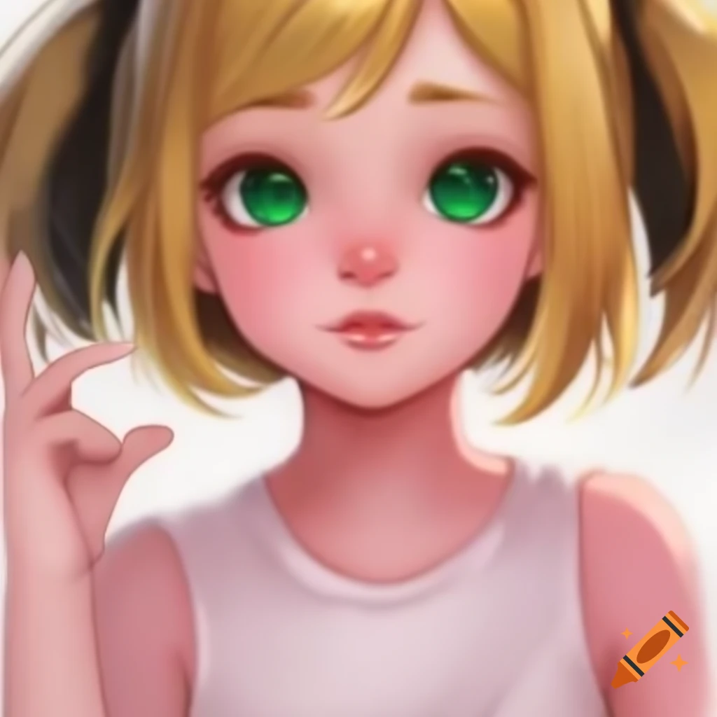 Anime girl with blonde hair and emerald green eyes in a pink sleeveless t-shirt