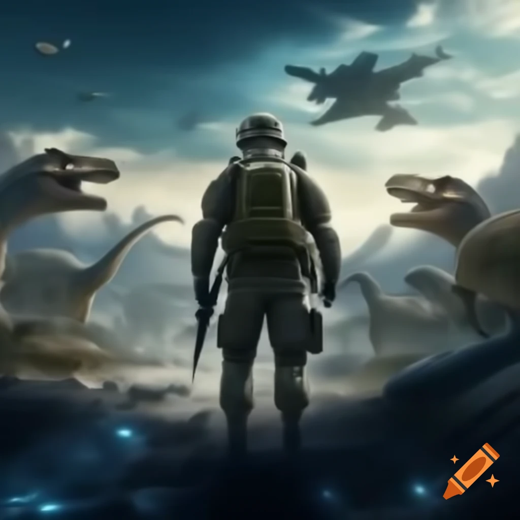 Army soldier gazing at futuristic landscape with dinosaurs and spaceships