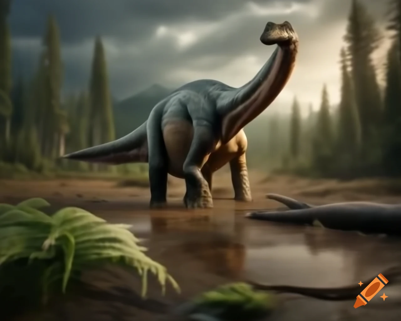 Striped Hadrosaurus roaming a stream in muddy flat with ferns and driftwood