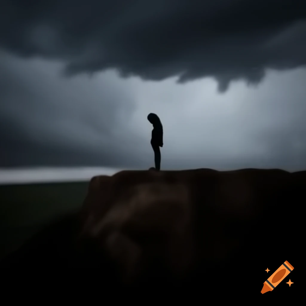 Person standing at cliff edge under dark storm clouds, symbolizing guilt and uncertainty