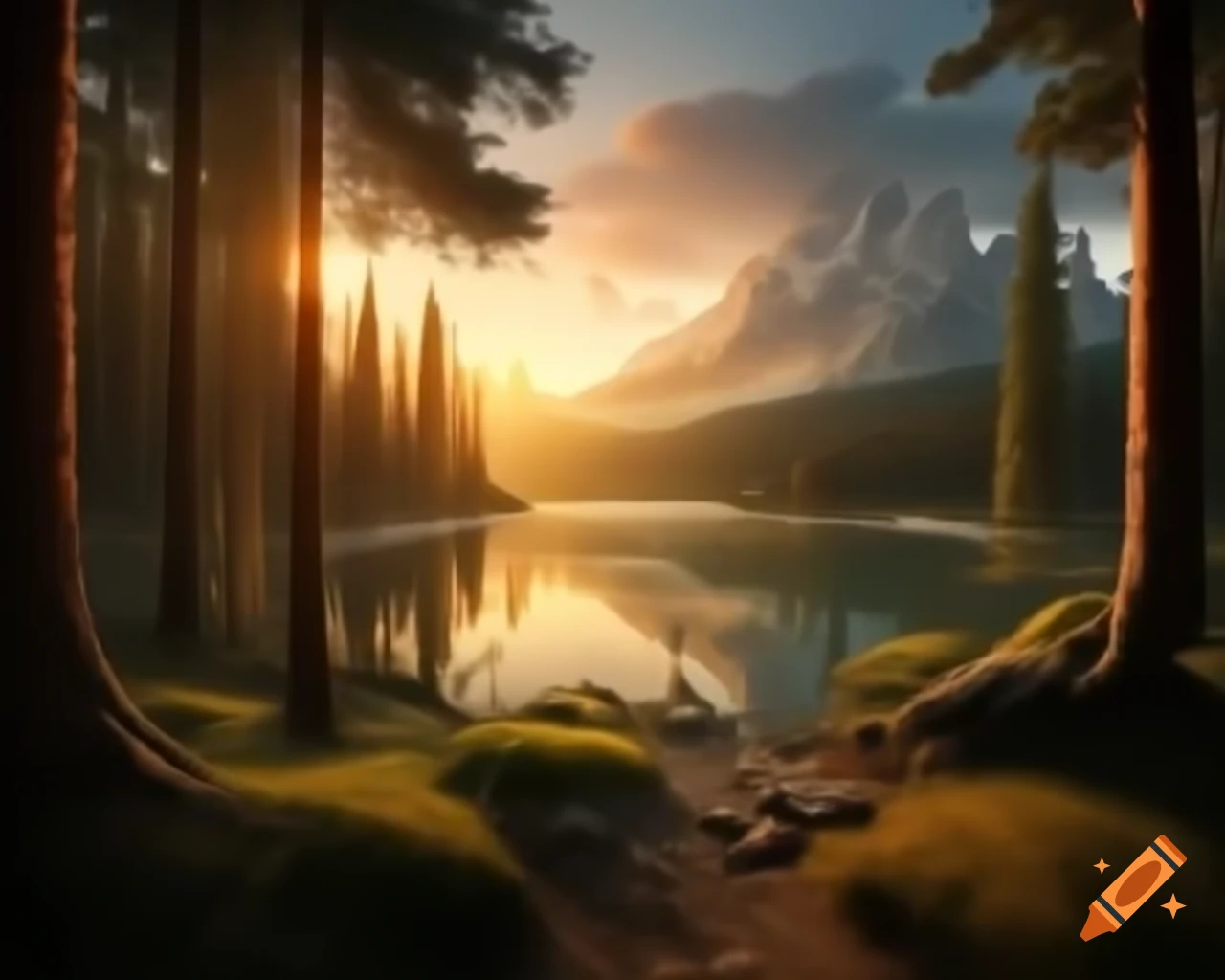 Surreal fantasy scene of an orange monster in a forest by a lake at sunset