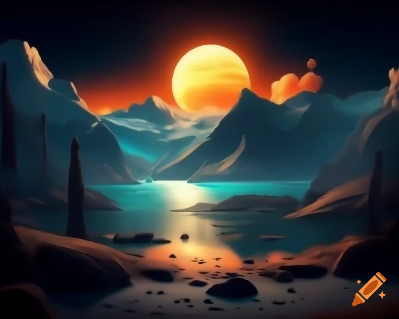 Sunset over mountain lake in photorealistic 3D render with beams of light