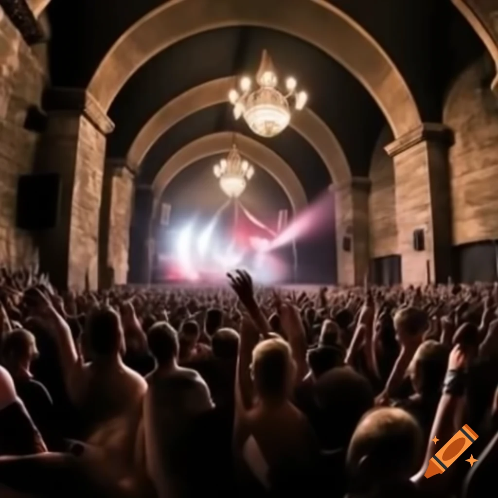 Crowded punk concert in venue with medieval stone walls and chandelier