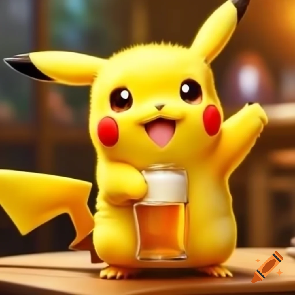 Pikachu enjoying beer in a playful setting