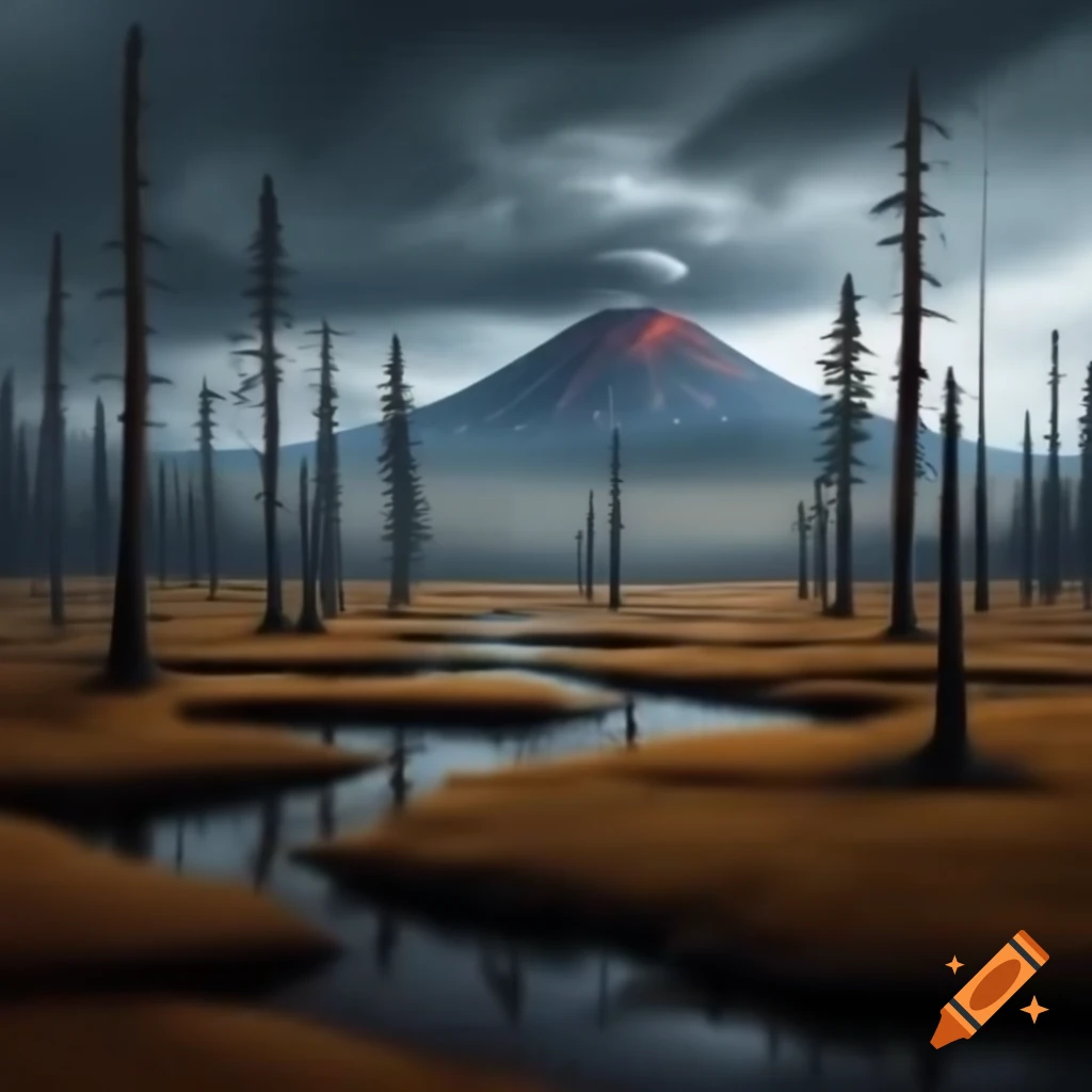 Gloomy oil painting of grassy swamp with barren pine trees and active volcano